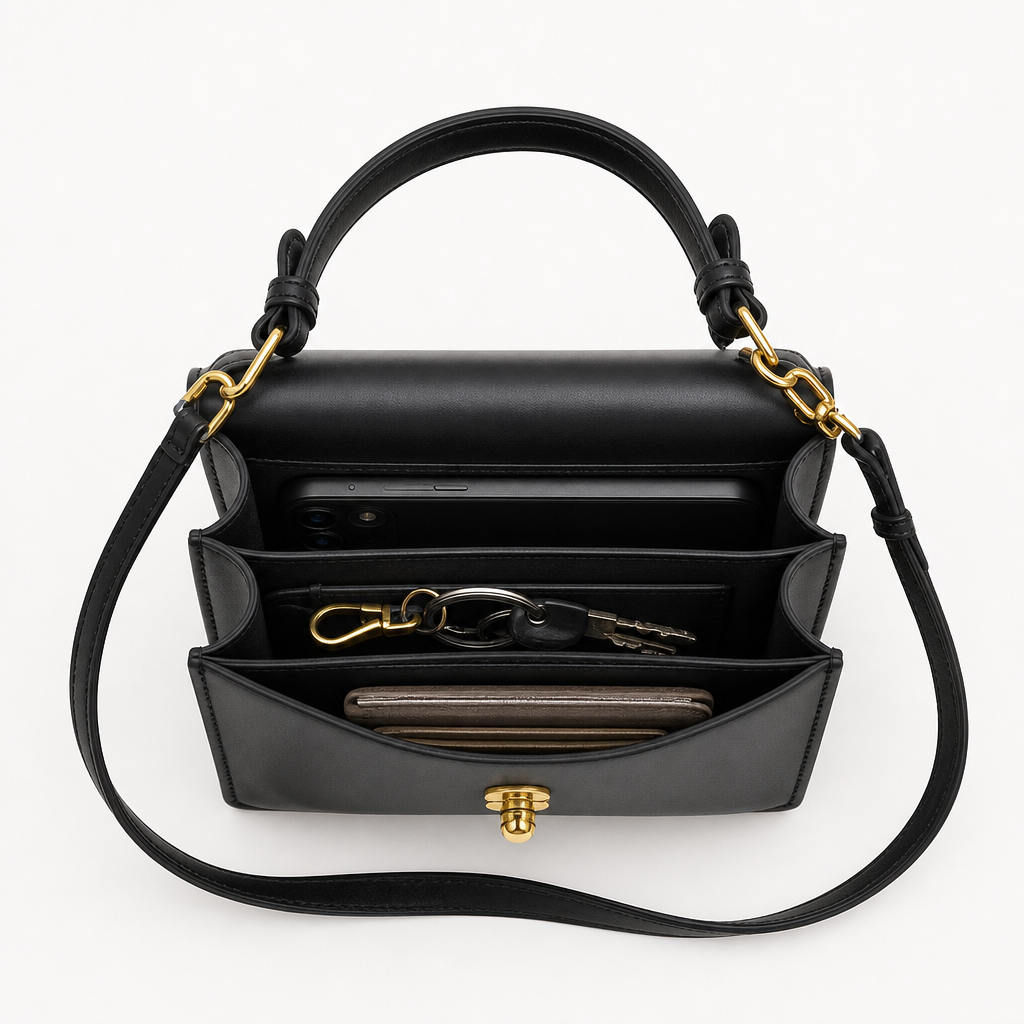 Sac à Main Carré, coloris Noir (20x14x9 cm), sac ouvert