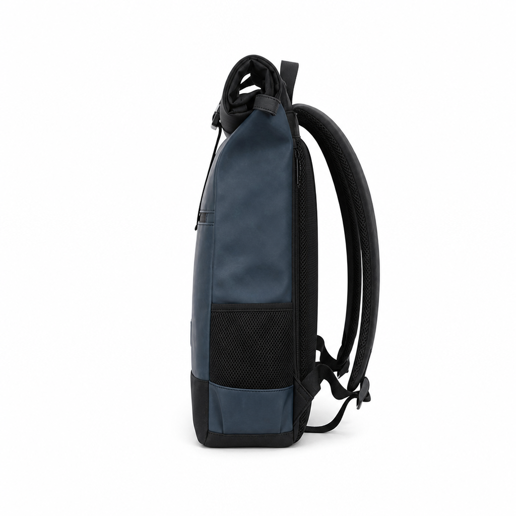 Sac à Dos Roll Top, coloris Bleu avec logo, vue latérale