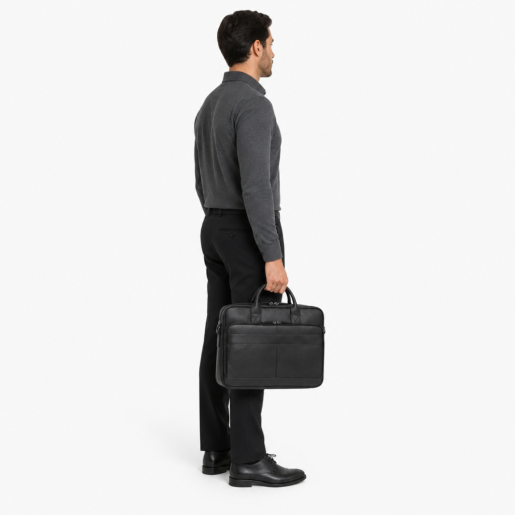 Sac pour Ordinateur Homme, coloris Noir 2 (40 cm), porté par un mannequin