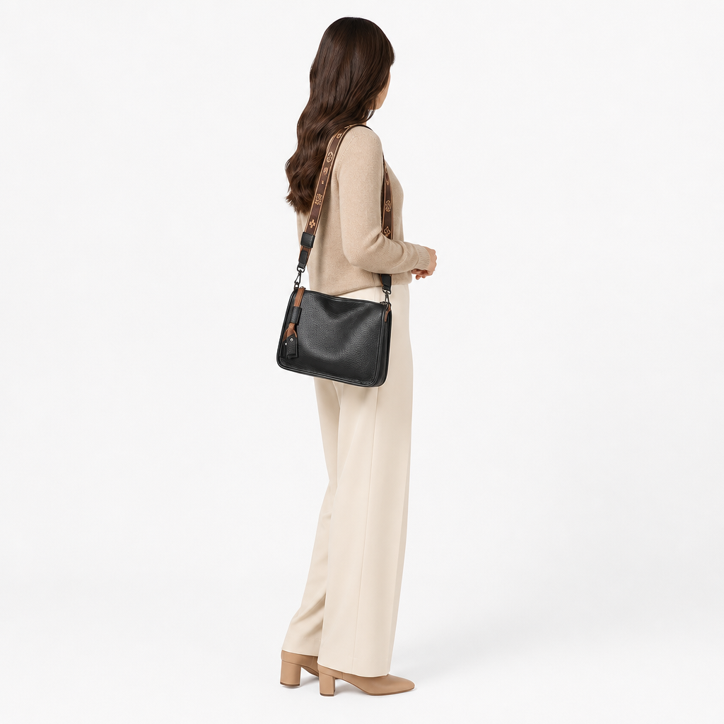 Sac Cuir Femme, coloris Noir, porté par un mannequin