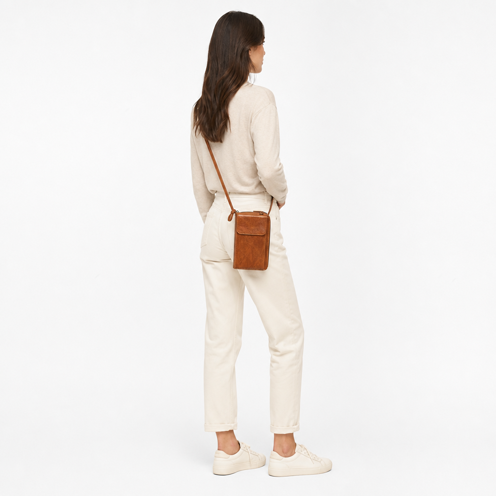 Pochette Bandoulière Téléphone, coloris Marron, porté par un mannequin