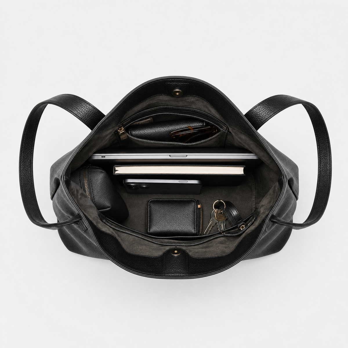 Sac Cabas Cuir Souple Grand Format, coloris Noir, sac ouvert avec effets personnels