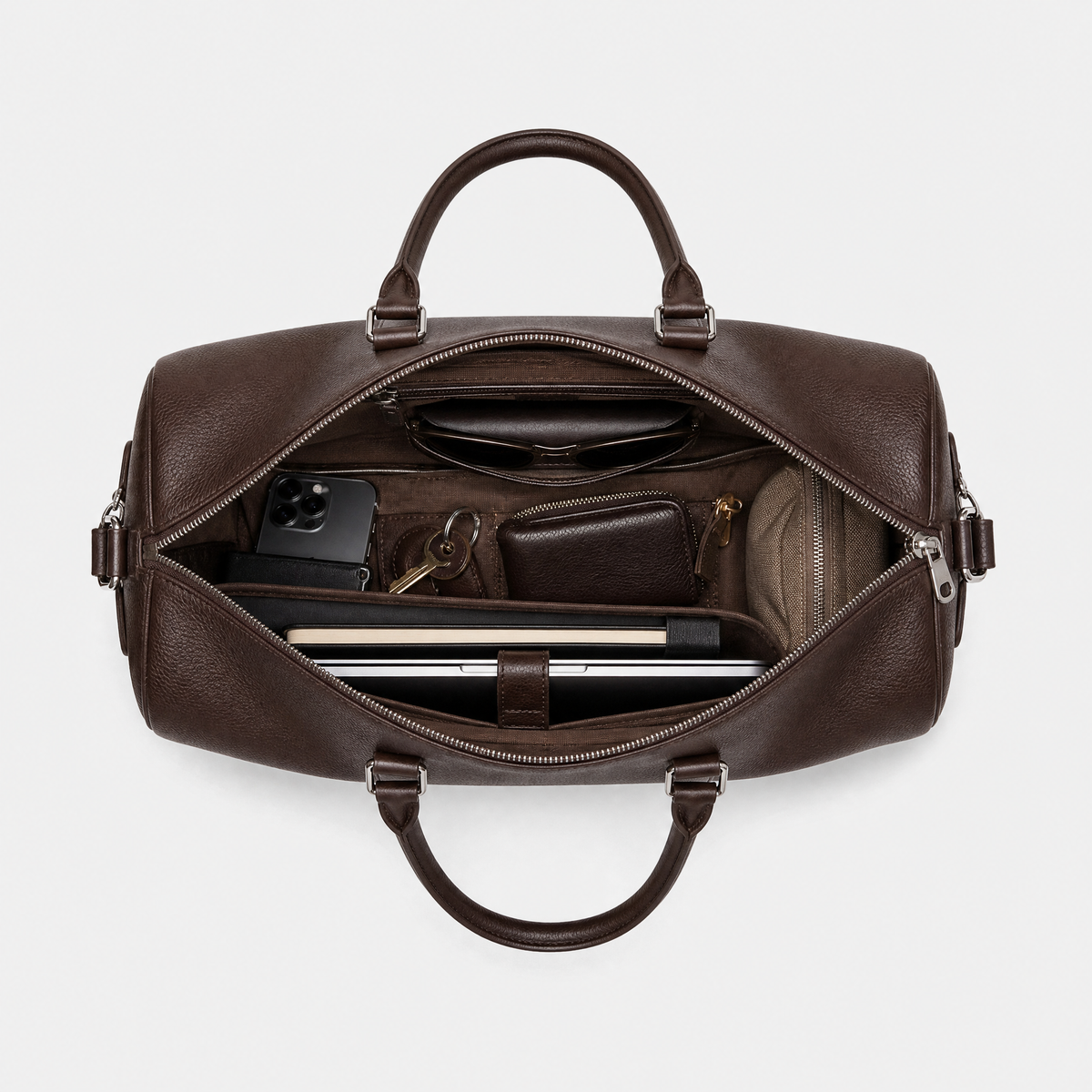 Sac de Voyage Simili Cuir Homme, coloris Marron, sac ouvert avec effets personnels