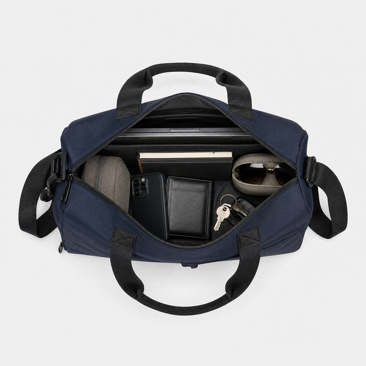 Sac de Voyage Etanche, coloris Bleu, sac ouvert avec effets personnels