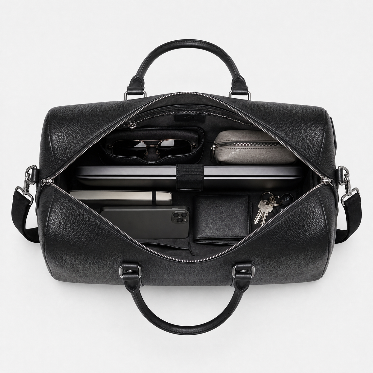 Sac de Voyage Simili Cuir Homme, coloris Noir, sac ouvert avec effets personnels