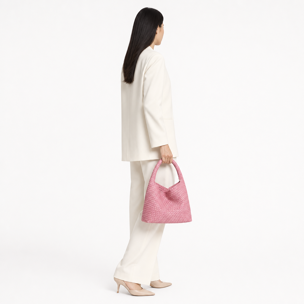 Sac Tressé, coloris Rose, porté par un mannequin