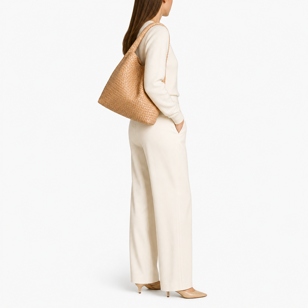 Sac Tressé, coloris Abricot, porté par un mannequin