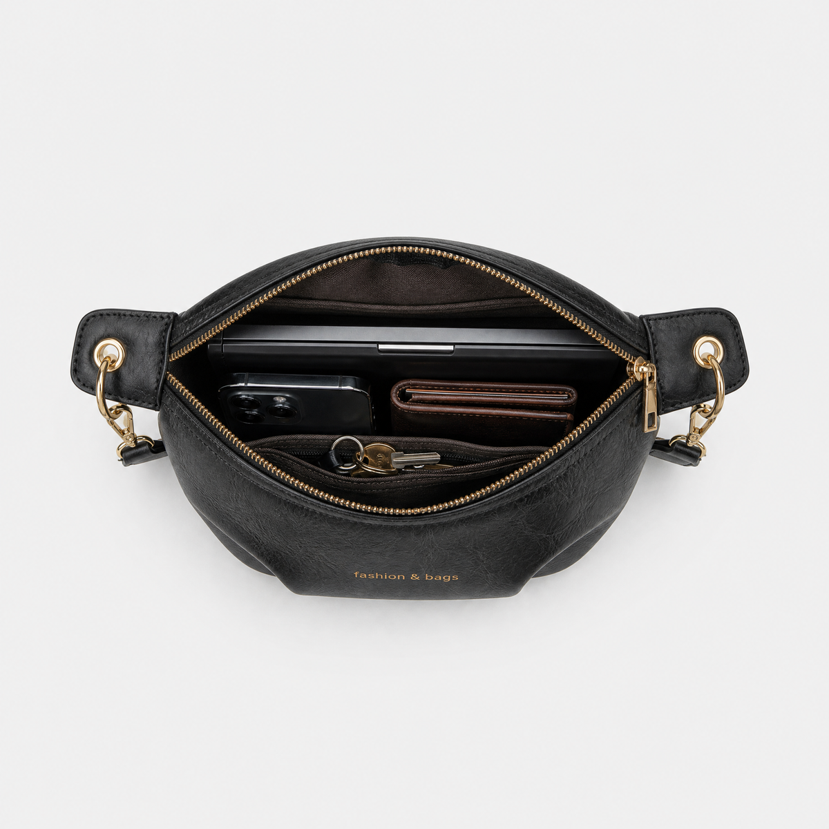 Sac Banane Cuir Femme, coloris Noir, sac ouvert