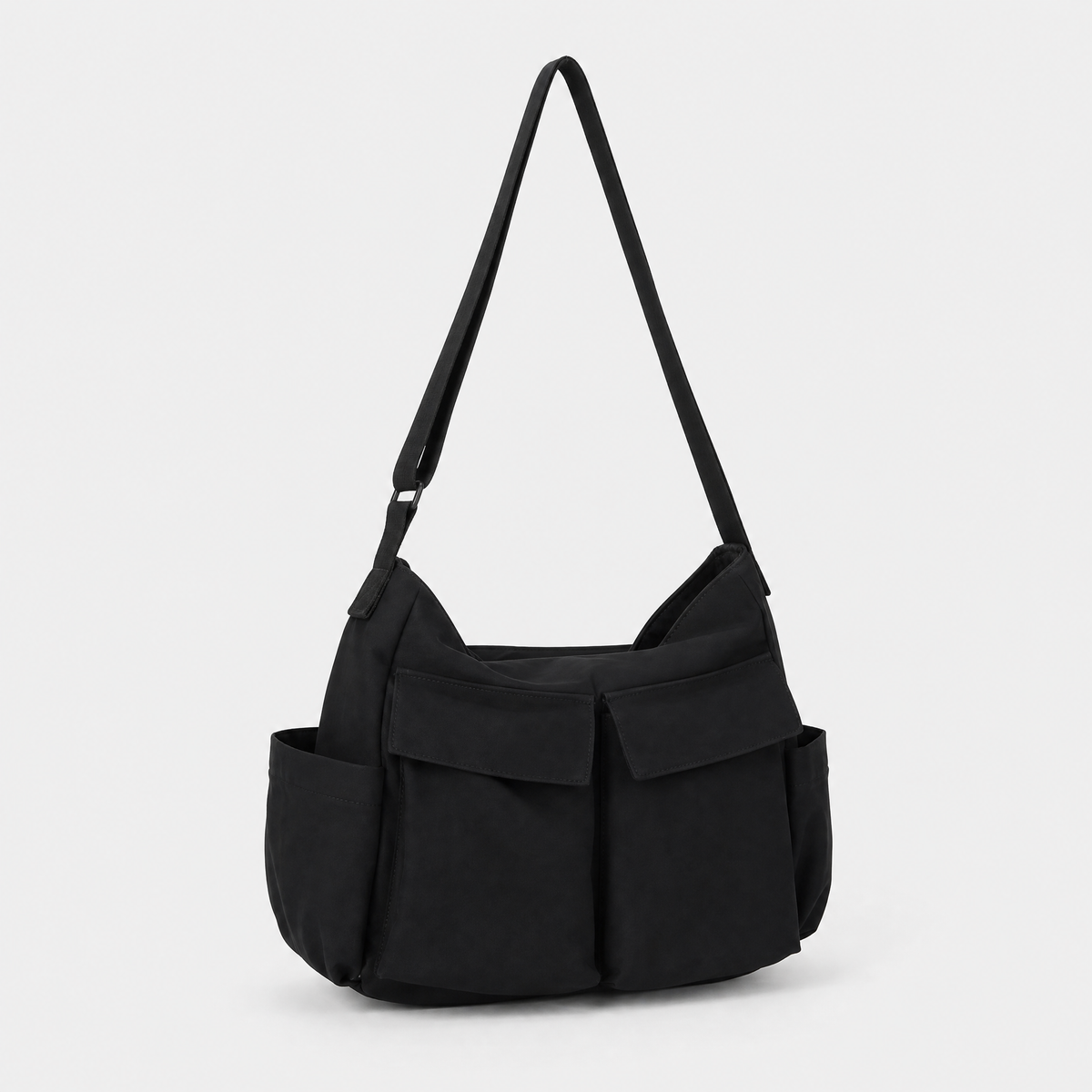 Sac à Bandoulière en Toile Multipoche, coloris Noir, vue trois quarts