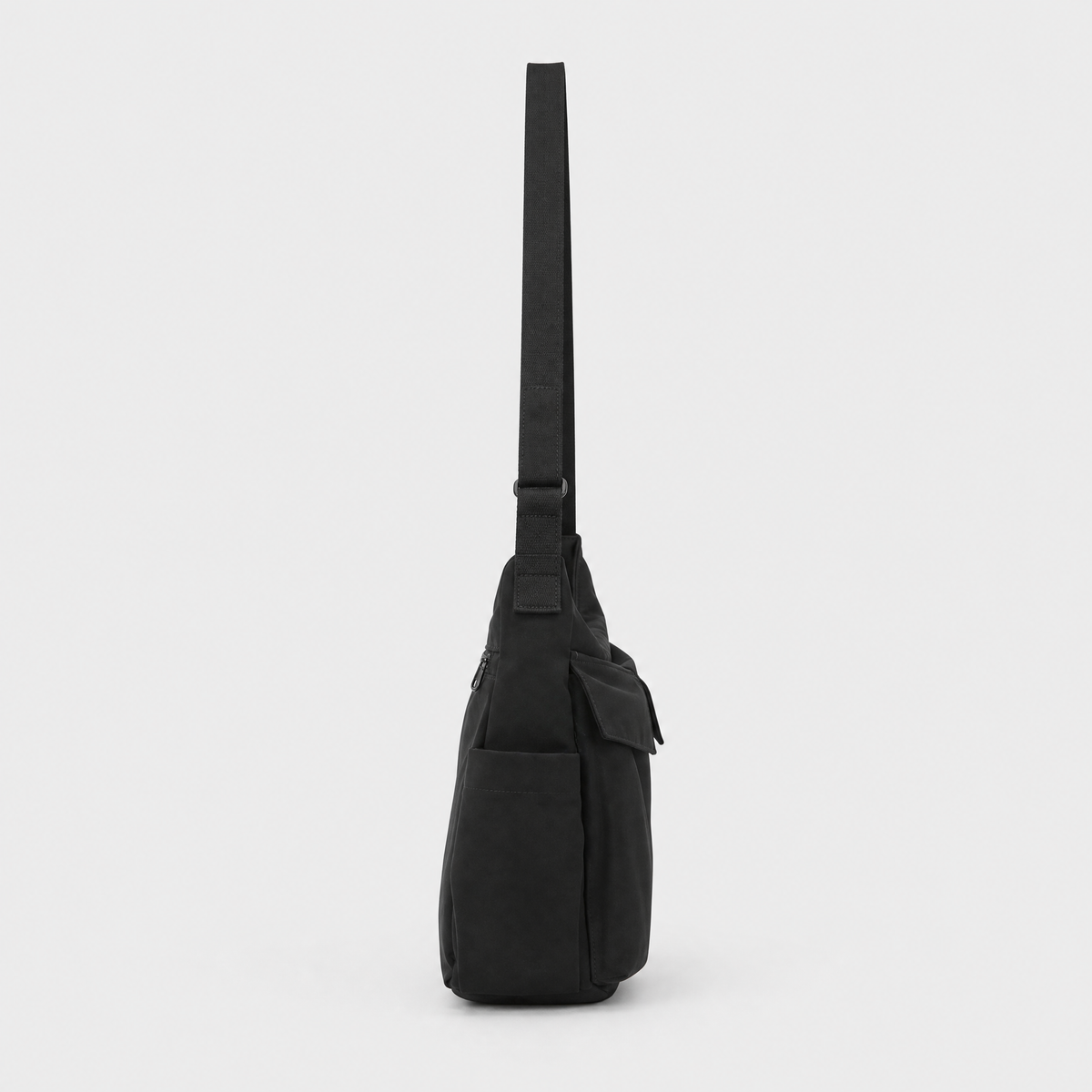 Sac à Bandoulière en Toile Multipoche, coloris Noir, vue de profil