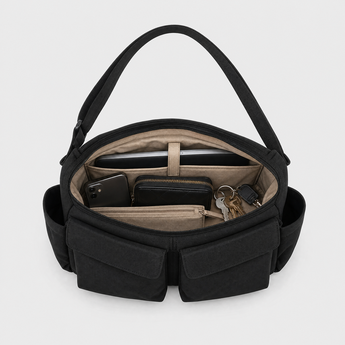 Sac à Bandoulière en Toile Multipoche, coloris Noir, sac ouvert