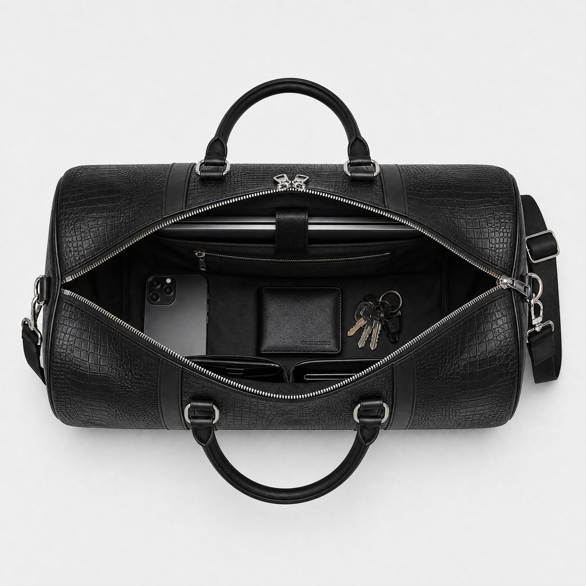 Sac en Cuir Homme Voyage, coloris Noir, sac ouvert