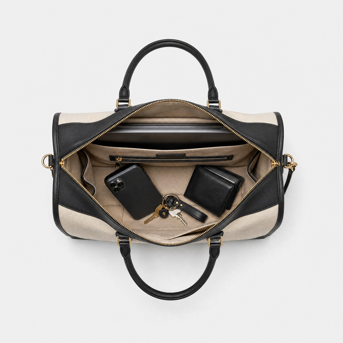 Sac en Cuir de Voyage pour Femme, coloris Noir, sac ouvert