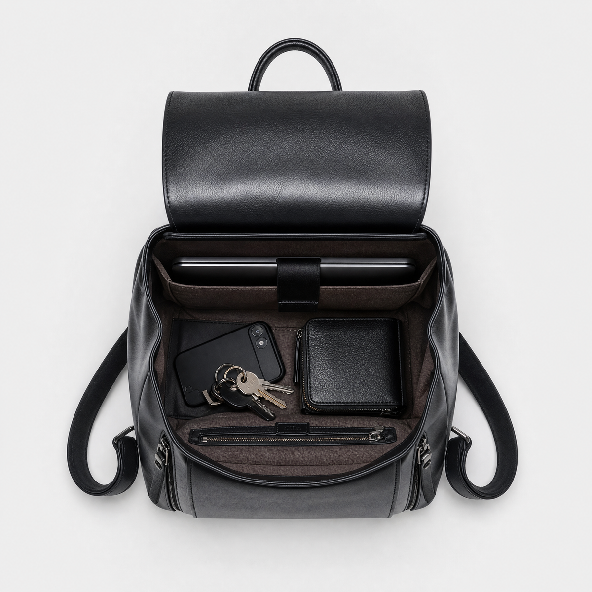 Sac à Dos en Cuir Femme, coloris Noir, sac ouvert