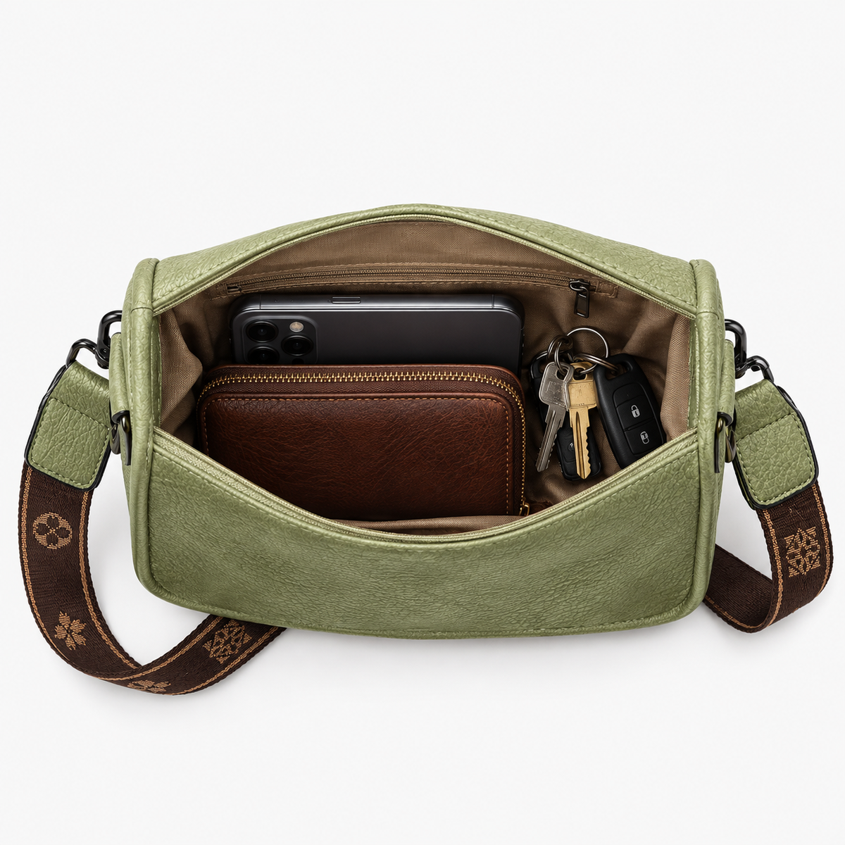 Sac Cuir Femme, coloris Vert, sac ouvert