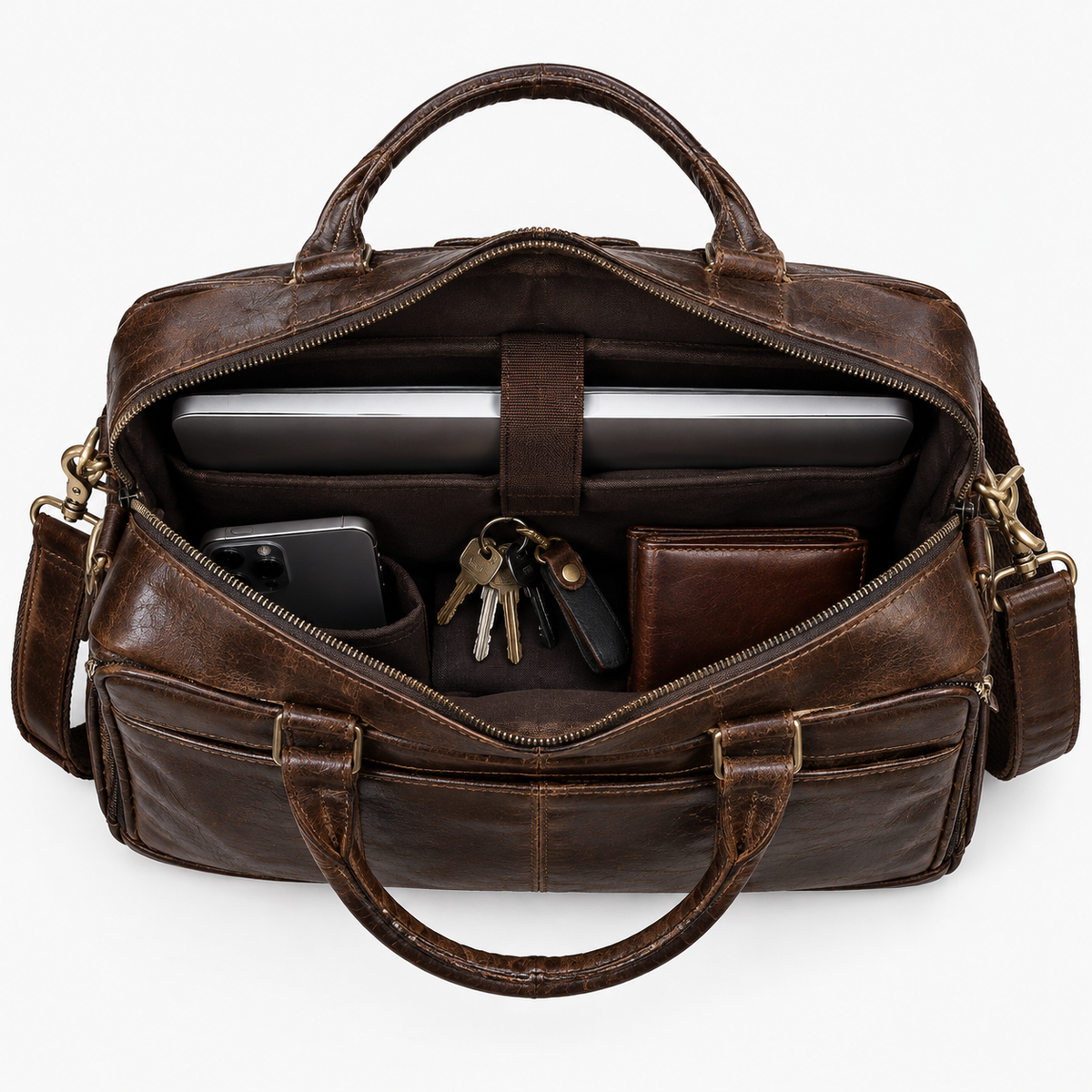 Sac pour Ordinateur Homme, coloris Café (40 cm), sac ouvert