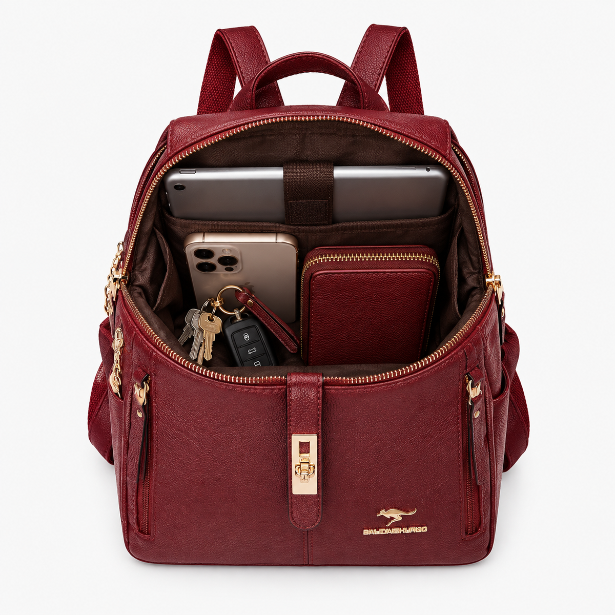 Sac à Dos Élégant Femme, coloris Bordeaux, sac ouvert