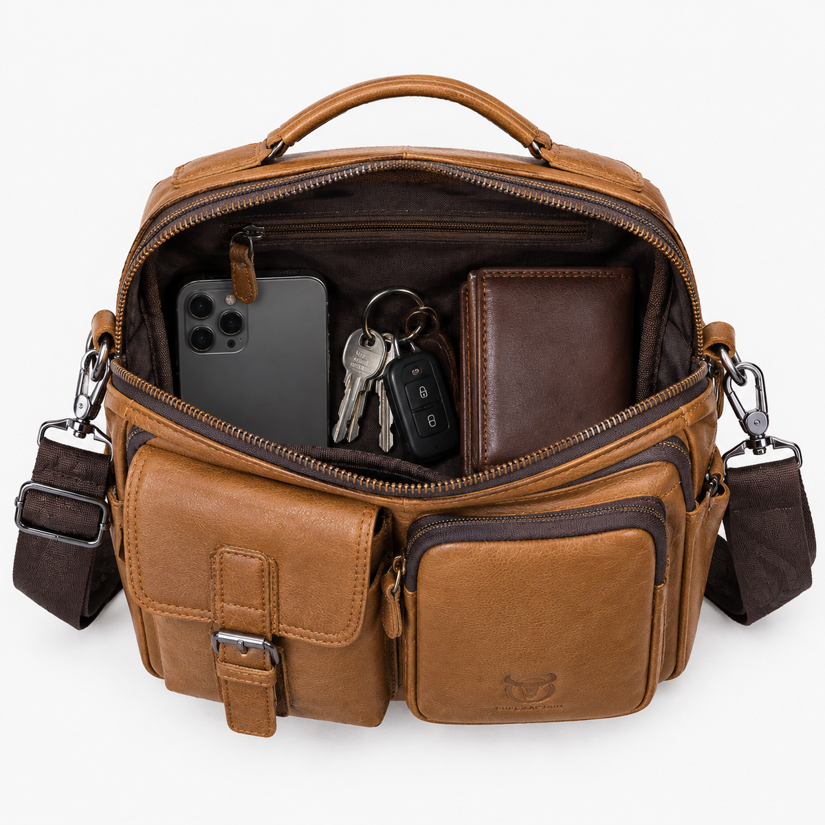 Sac Homme Bandoulière Cuir, coloris Marron clair, sac ouvert
