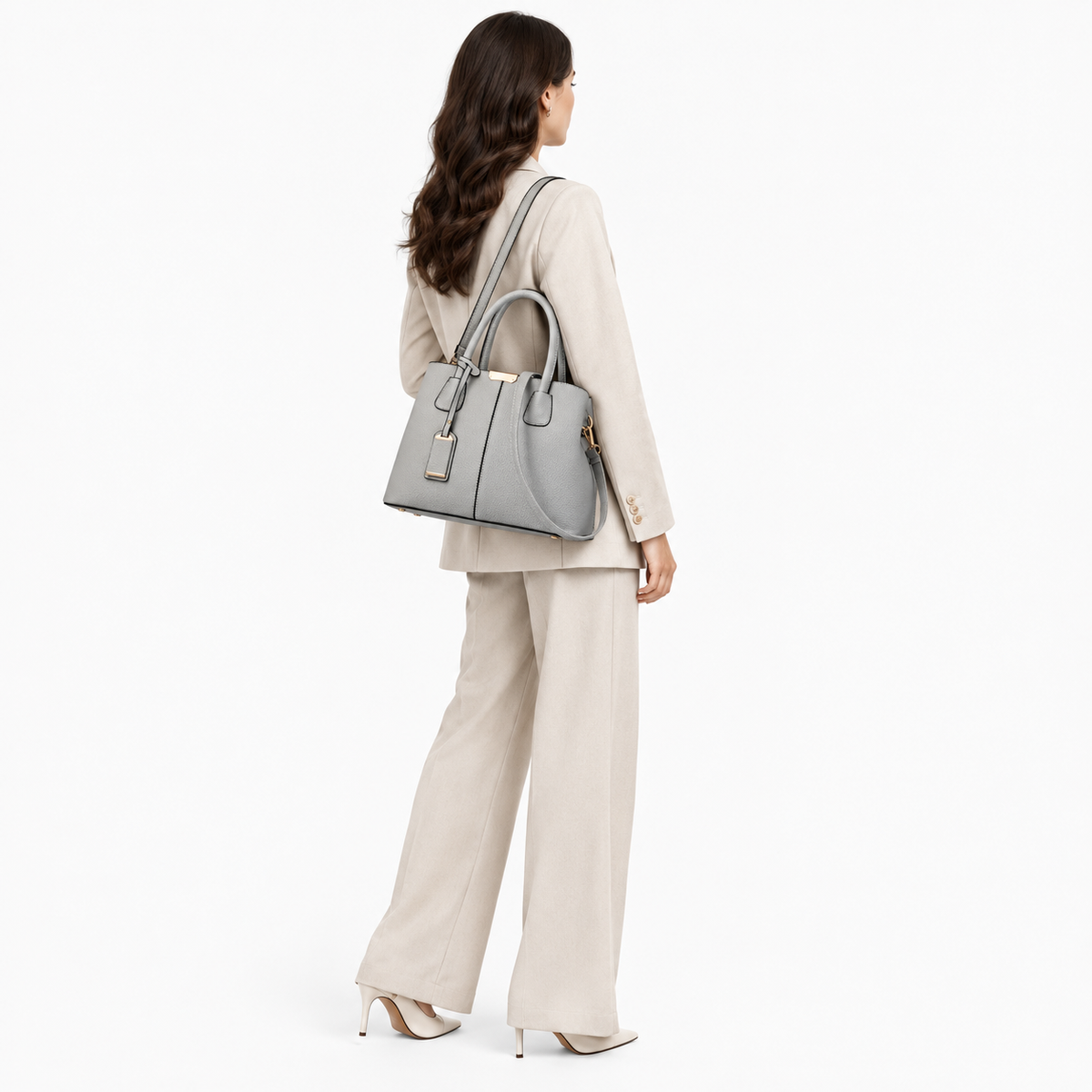 Sac à Main Femme, coloris Gris clair, porté par un mannequin