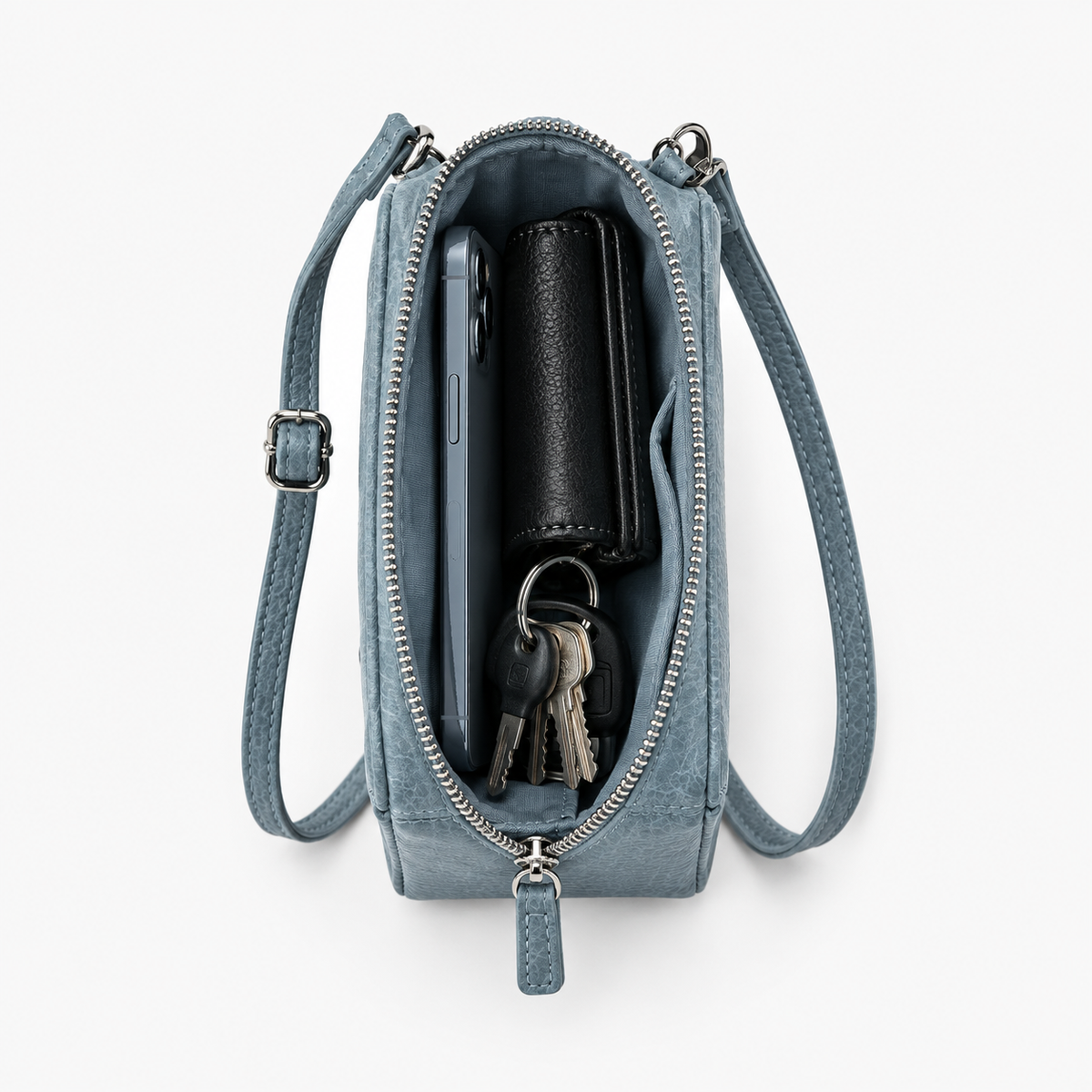 Pochette Bandoulière Téléphone, coloris Bleu, sac ouvert