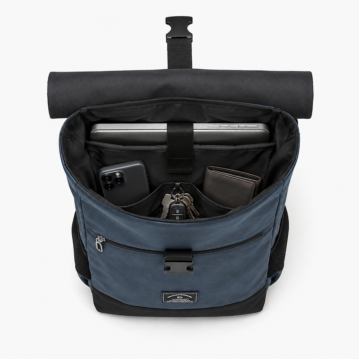 Sac à Dos Roll Top, coloris Bleu avec logo, sac ouvert
