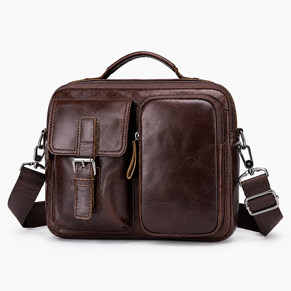 Sac Homme Bandoulière Cuir, coloris Cafe, vue de face