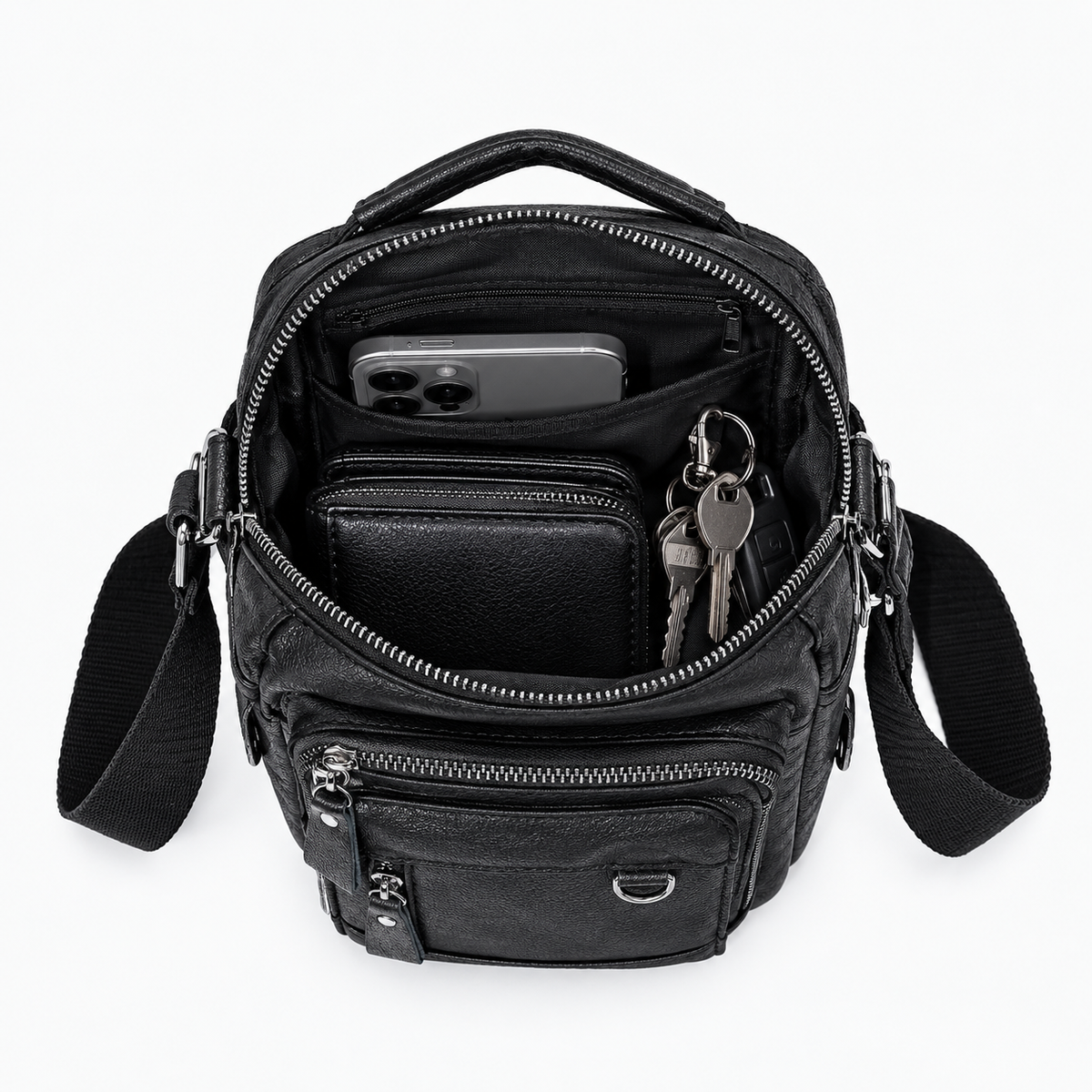 Petite Sacoche Homme, coloris Noir, sac ouvert