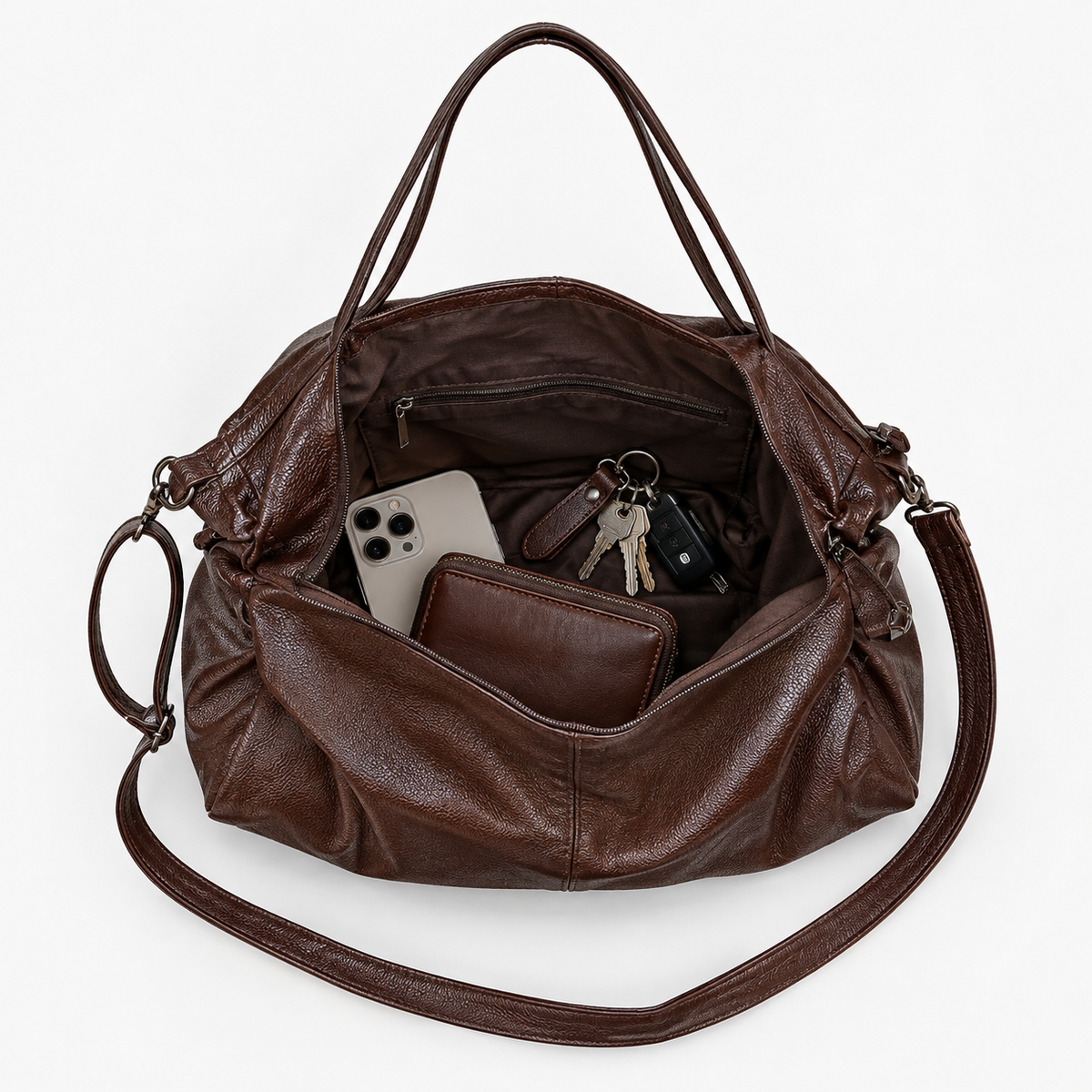 Sac Fourre Tout Femme, coloris Café, sac ouvert