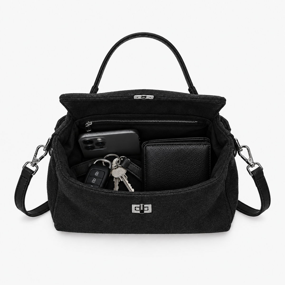 Sac à Main Daim, coloris Noir, sac ouvert