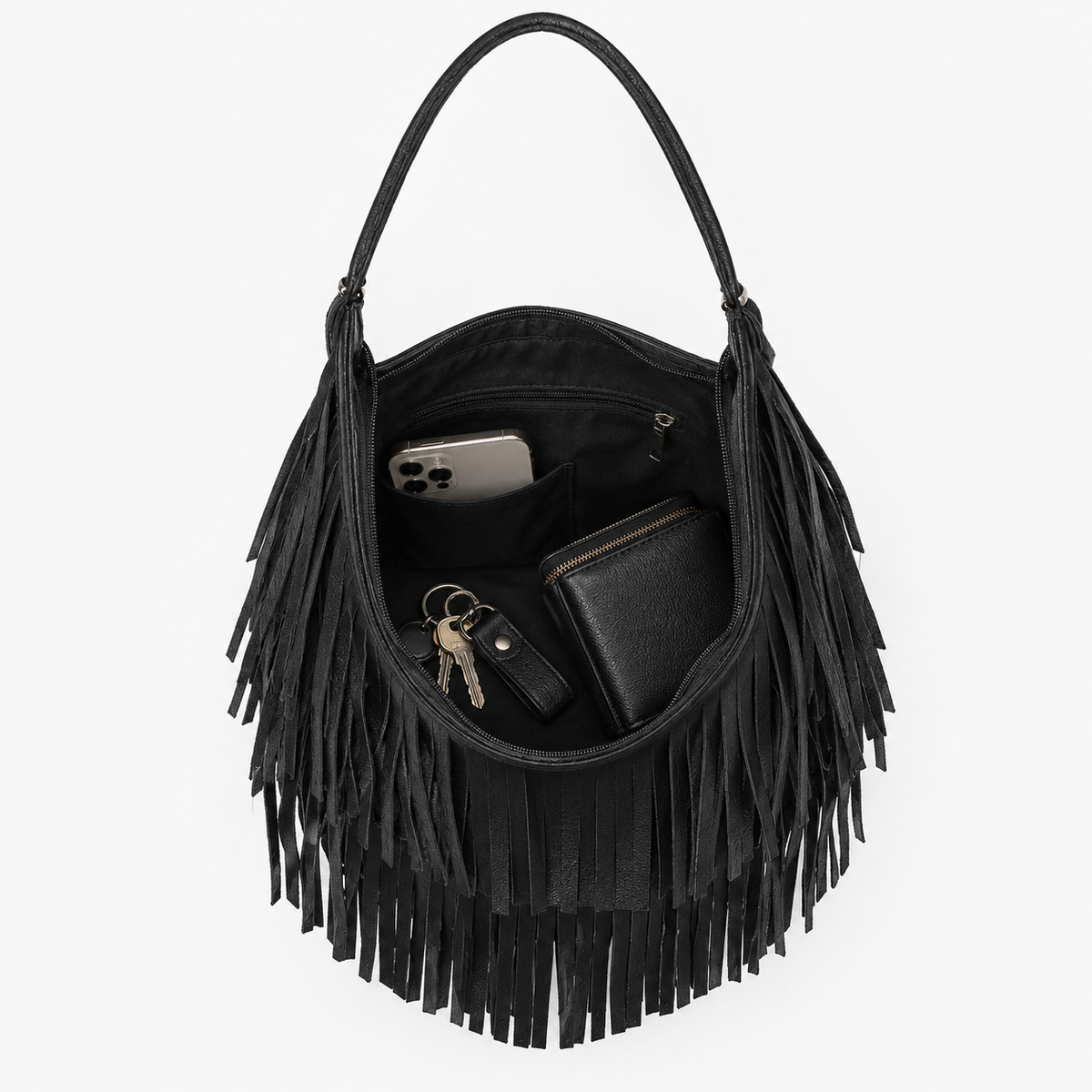 Sac à Frange, coloris Noir, sac ouvert