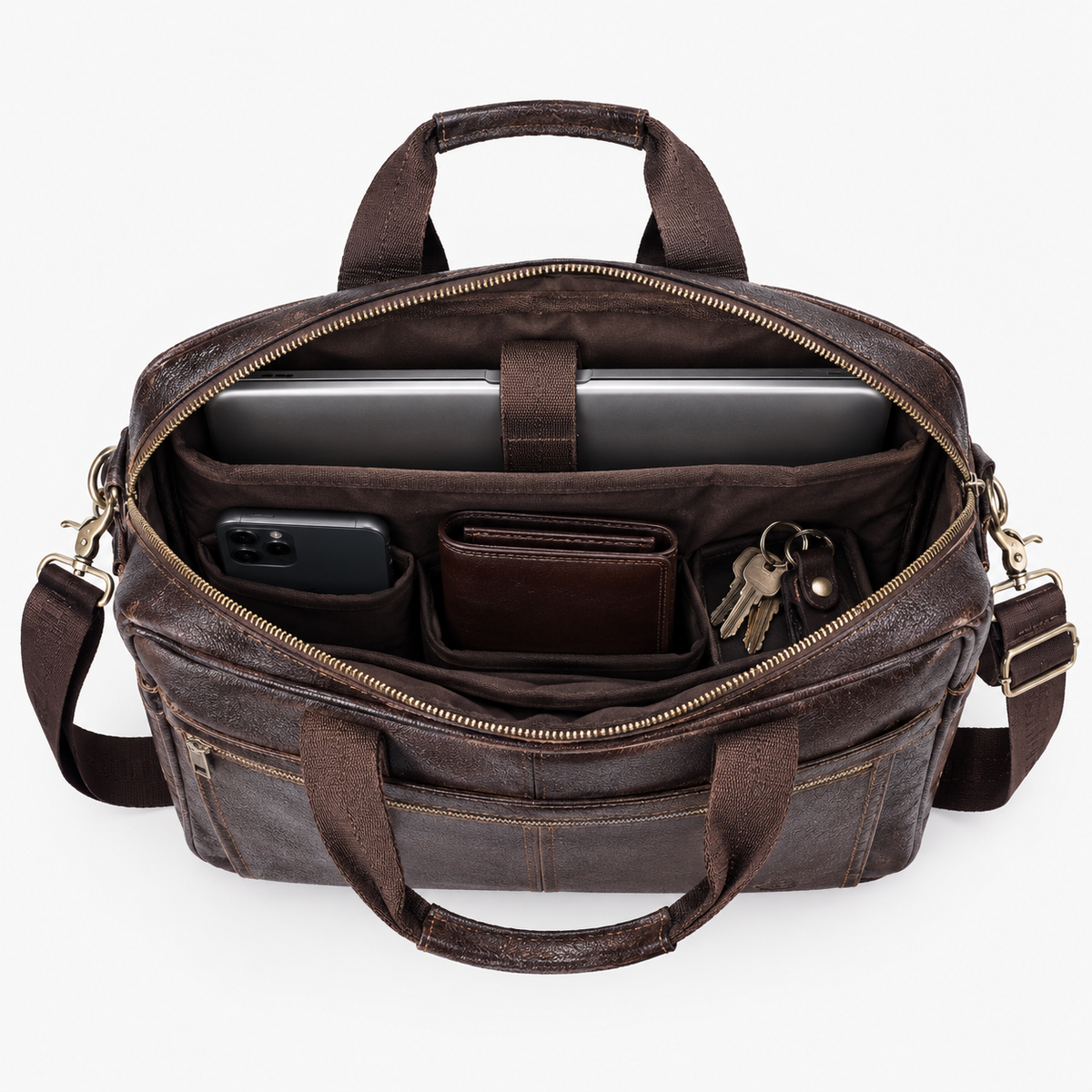 Porte Document Homme Cuir, coloris Café, sac ouvert