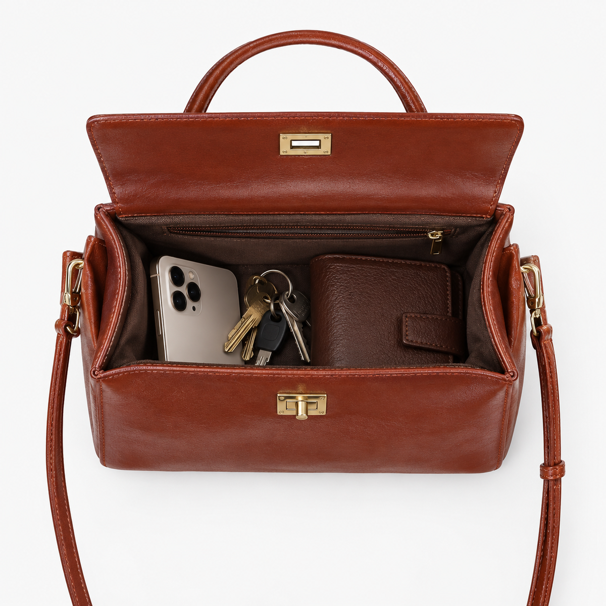 Sac Besace Cuir Femme, coloris Café, sac ouvert