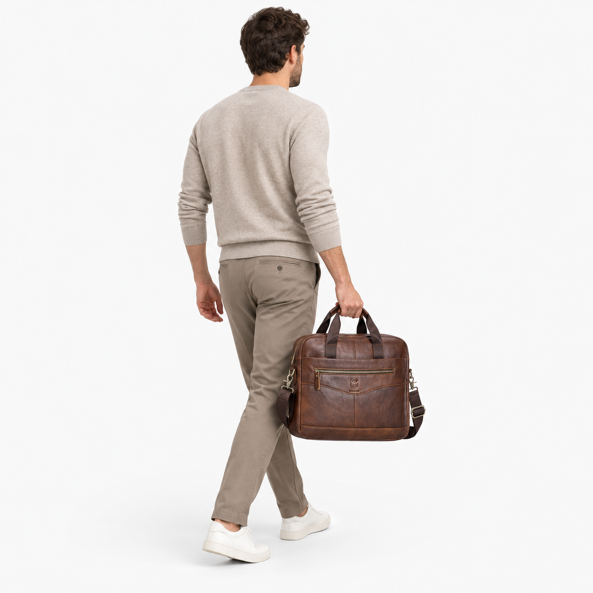 Sacoche Ordinateur Homme, coloris Marron, porté par un mannequin