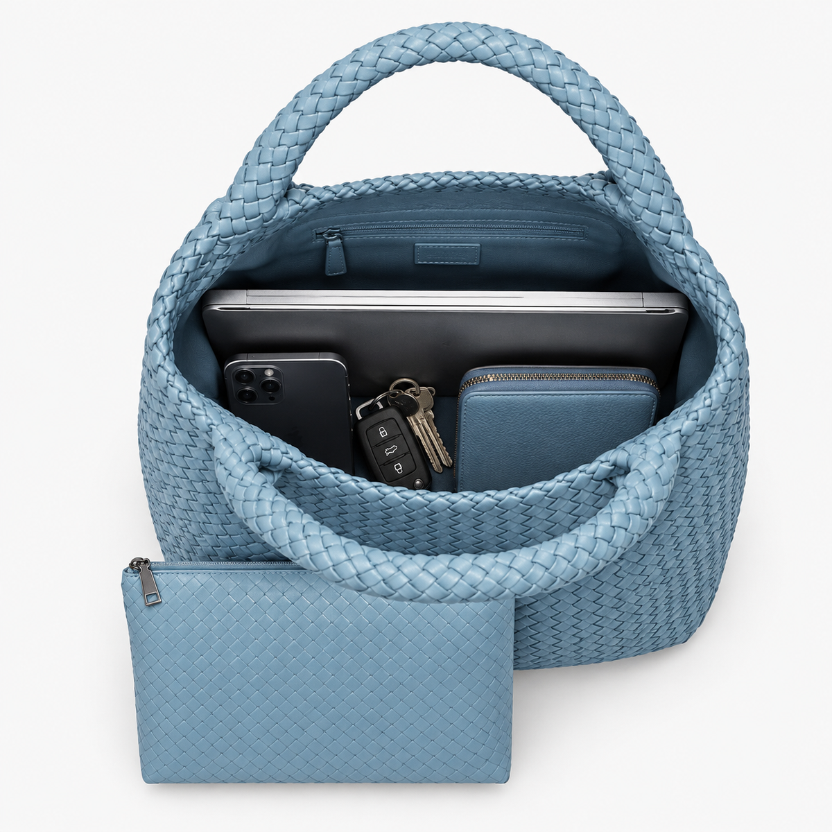 Sac Tressé, coloris Bleu grisé, sac ouvert