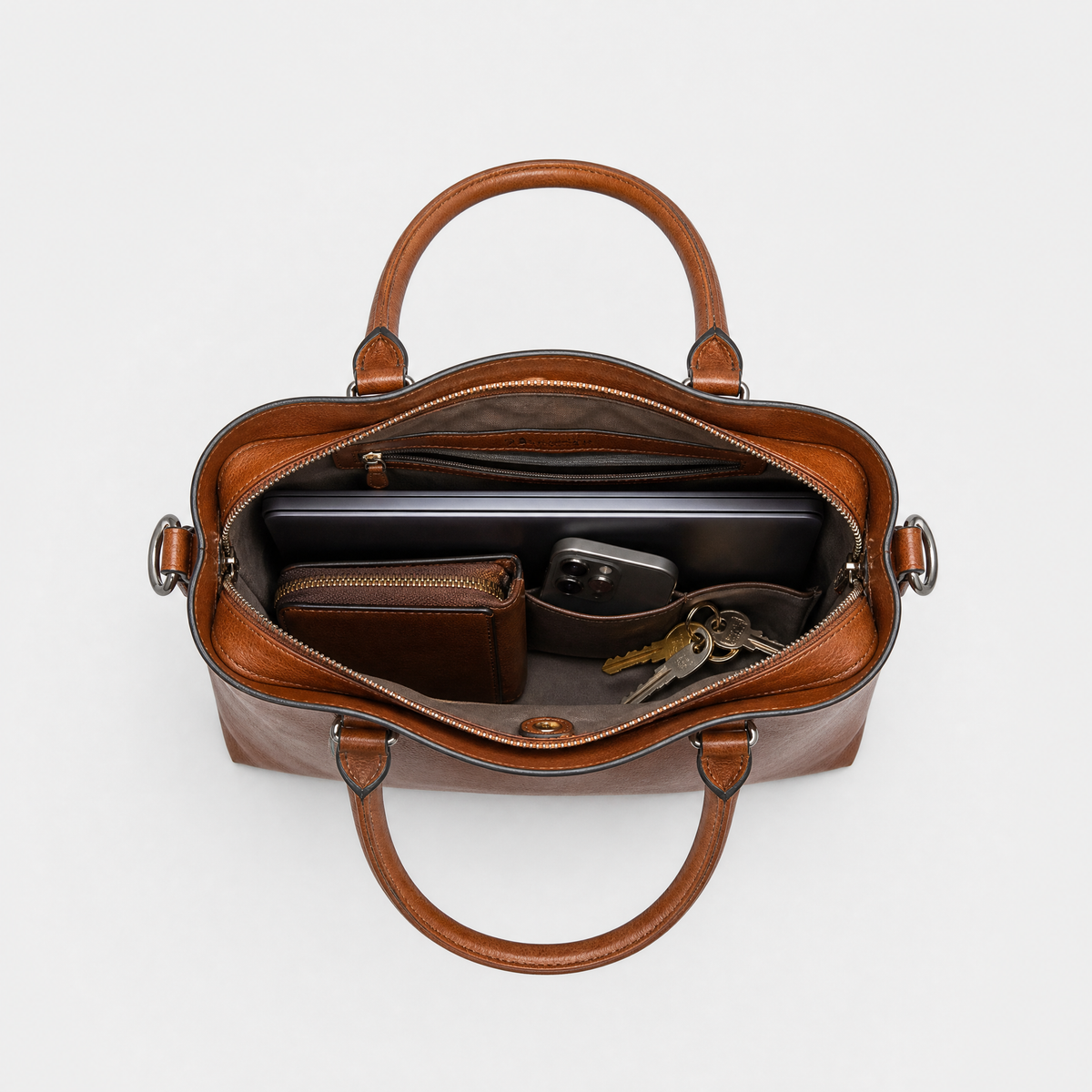 Sac à Main Cuir Femme, coloris Marron, sac ouvert