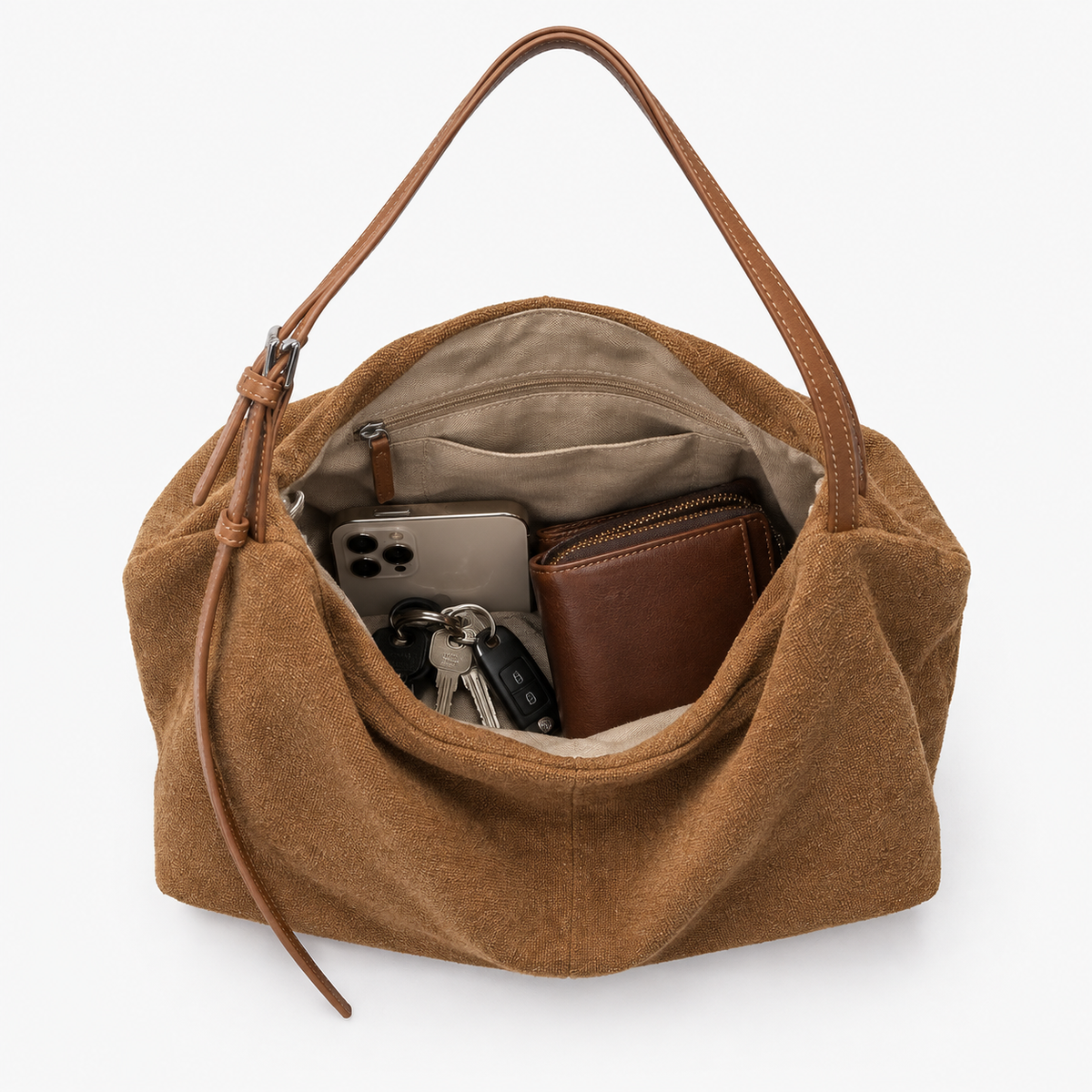 Sac en Daim, coloris Marron, sac ouvert