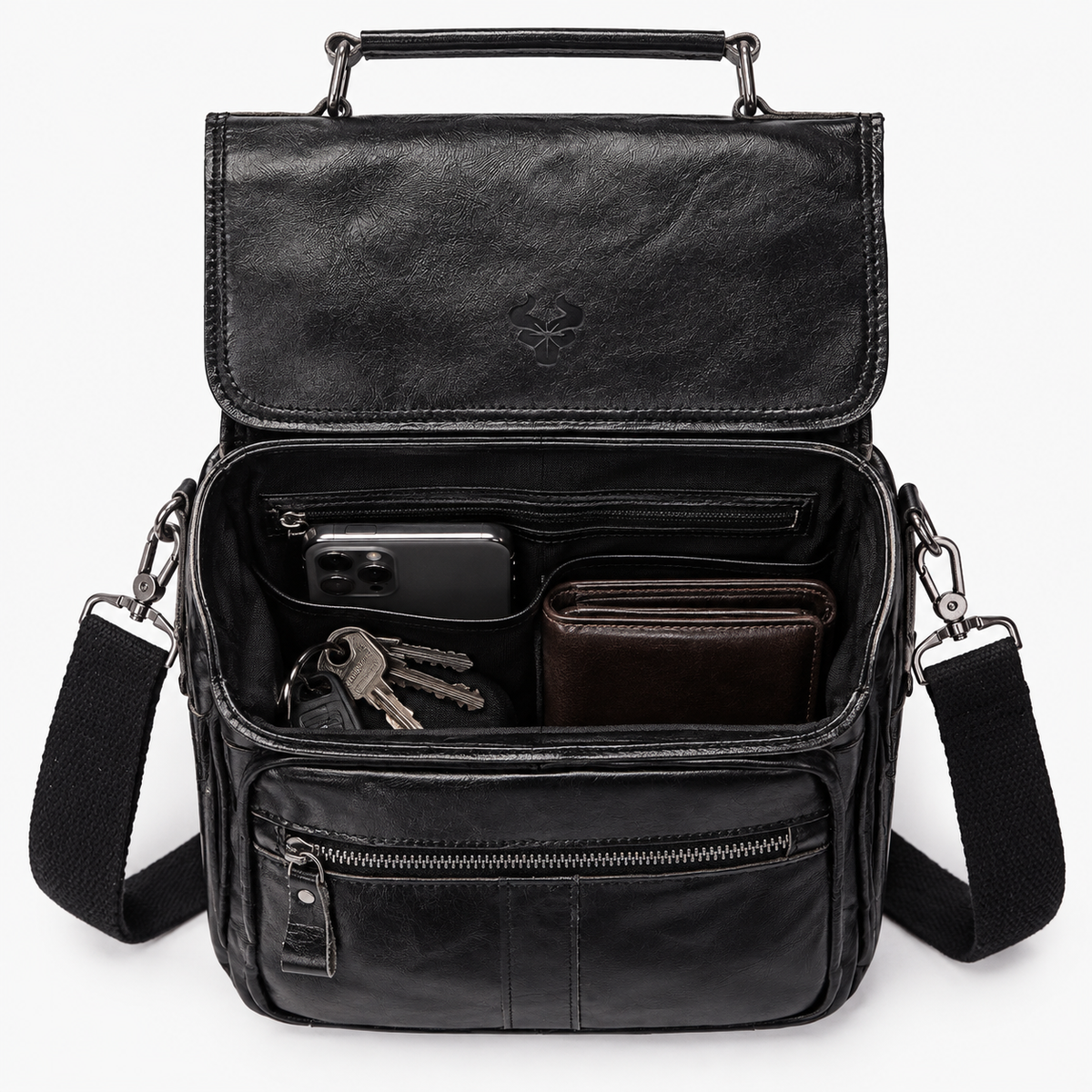 Sacoche Homme Cuir Bandoulière, coloris Noir, sac ouvert
